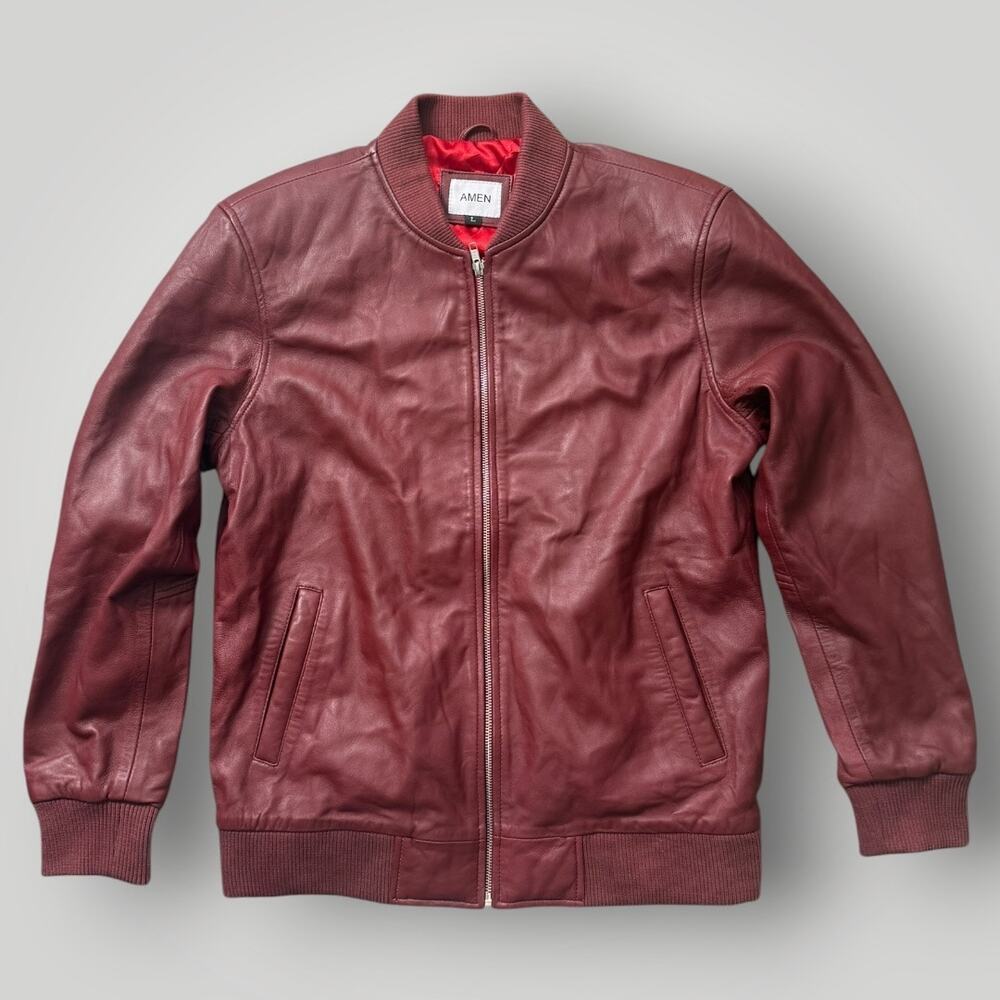 AMEN Bowie Bomber Jacket Burgundy Genuine Leather Men’s Size L